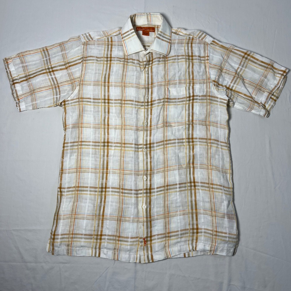Sette Ponti Mens Large Linen Short Sleeve Plaid Button Down Shirt Orange Tan